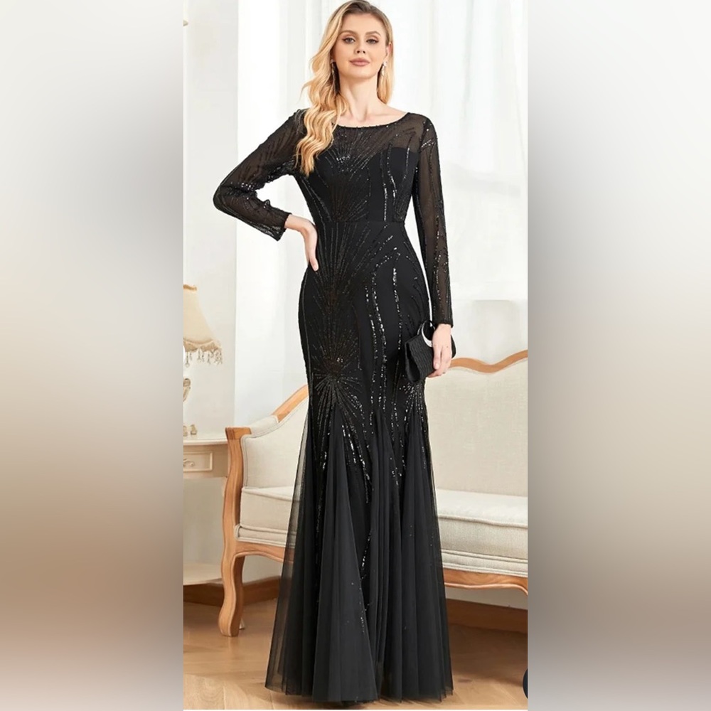 Stunning Black Sequin Long Sleeve Gown